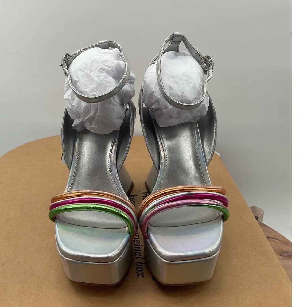 Circus NY Sam Edelman Silver Holographic Multi Strap Platform Flared Heel Sandal